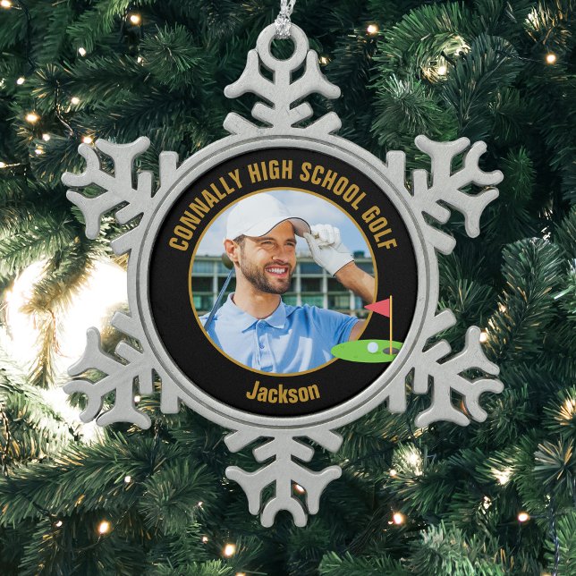 Black Gold Golfer Photo High School Golf Team Snowflake Pewter Christmas Ornament (Creator Uploaded)