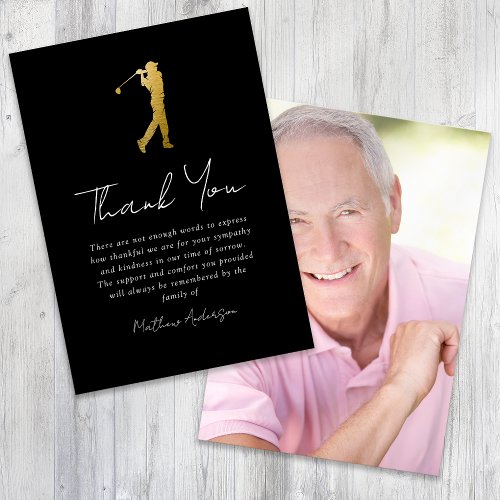 Black Gold Golfer Photo Sympathy Funeral  Thank You Card