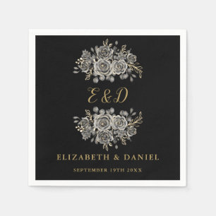 Black Gold Goth Floral Monogram Wedding Napkins