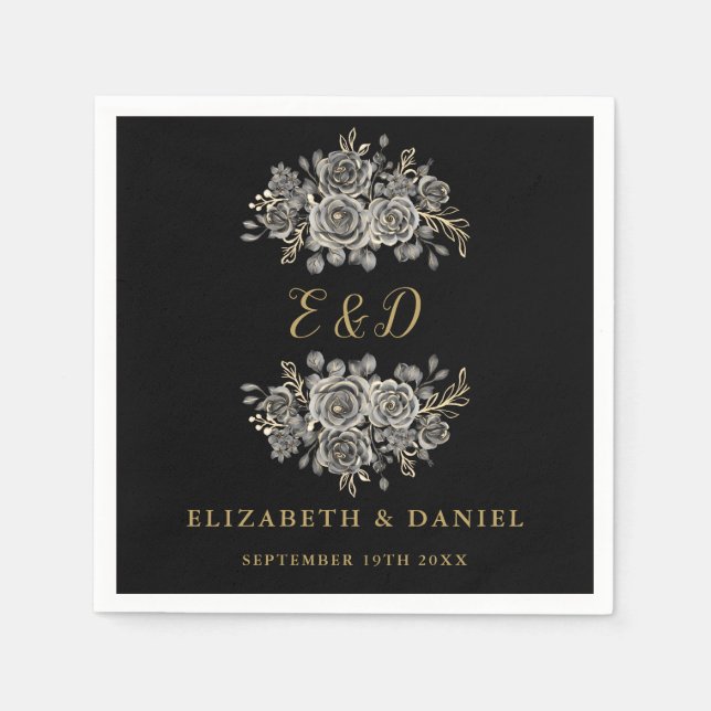 Black Gold Goth Floral Monogram Wedding Napkins (Front)