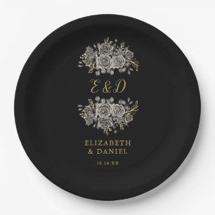 Black Gold Goth Floral Monogram Wedding Paper Plates