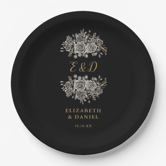Black Gold Goth Floral Monogram Wedding Paper Plates (Front)