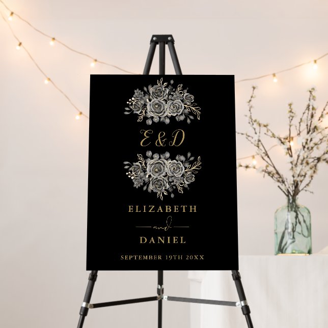 Black Gold Gothic Floral Monogram Wedding Sign (In Situ (Stand))
