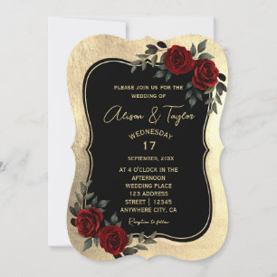 Black Gold Gothic Red Green Floral Wedding Invitation