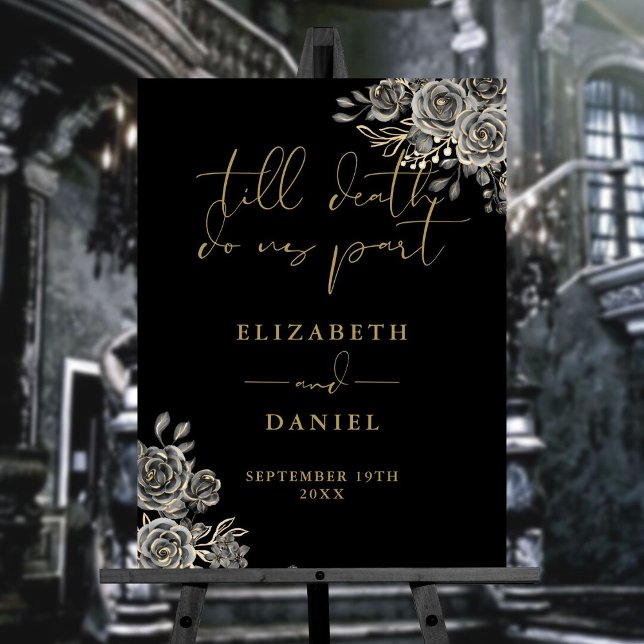 Black Gold Gothic Roses Floral Wedding Sign (Black Gold Goth Roses Floral Wedding Sign)