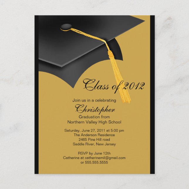Black Gold Grad Cap Graduation Party Invitation (Front)