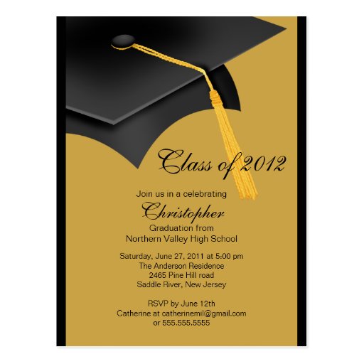 Black Gold Grad Cap Graduation Party Invitation Postcard | Zazzle