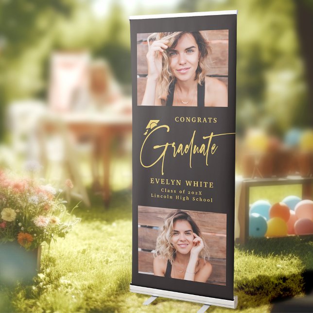 Black Gold Grad Cap Script Photo Graduation Party Retractable Banner (Black Gold Grad Cap Script Photo Graduation Party Retractable Banner)