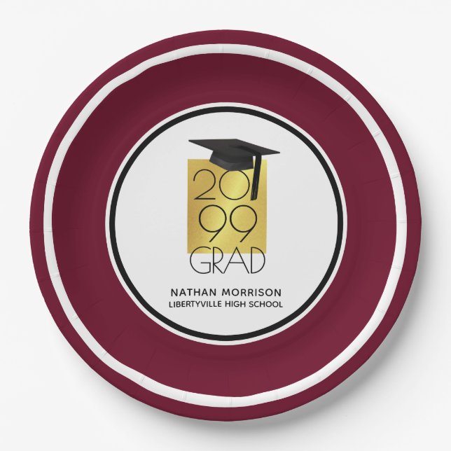 Black & Gold GRAD | Editable Maroon | Graduation Paper Plates (Front)