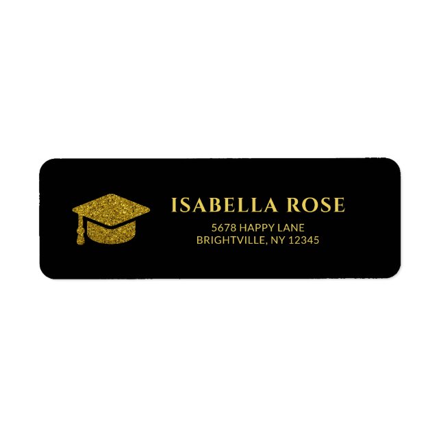 Black Gold Grad Graduation Mail Return Address  Label (Front)