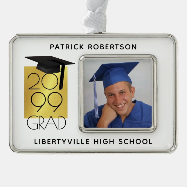Black & Gold GRAD | Graduation Photo Keepsake Christmas Ornament (Front)