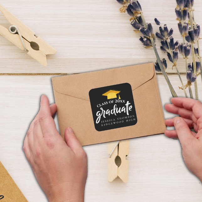 Black Gold Grad Hat Class of 2026 Graduation Square Sticker (Beautiful Black Gold Grad Hat 2025 Graduation Square Sticker)