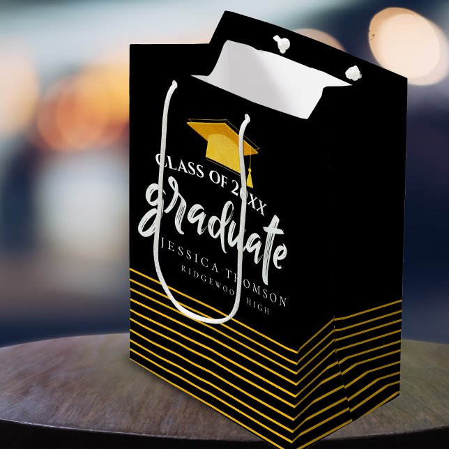 Black & Gold Grad Hat Graduation Party Favor Medium Gift Bag (Black & Gold Grad Hat Graduation Party Favor Medium Gift Bag)
