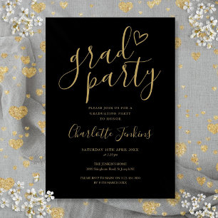 Black Gold Grad Script Heart Graduation Party Invitation