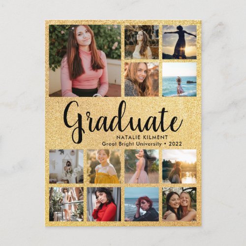 Black  Gold Graduate 13 Photo Collage Graduation Announcement Postcard