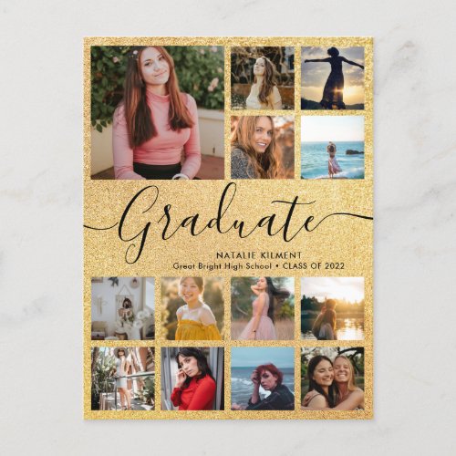 Black  Gold Graduate 14 Photo Collage Graduation Announcement Postcard