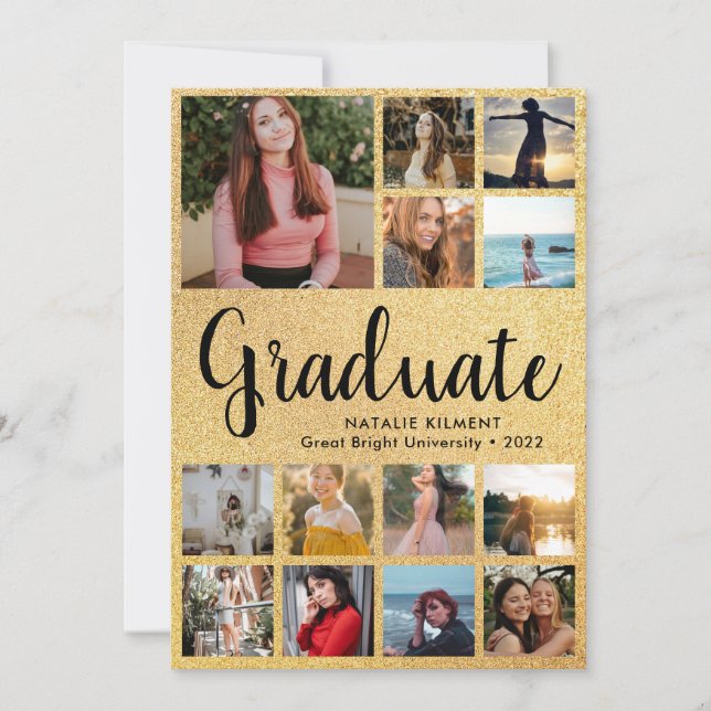 Black & Gold Graduate 14 Photo Collage Graduation Invitation (Front)