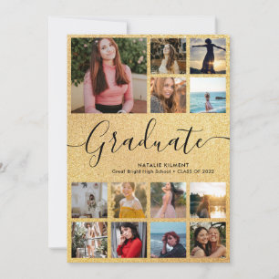 Black & Gold Graduate 14 Photo Collage Graduation Invitation