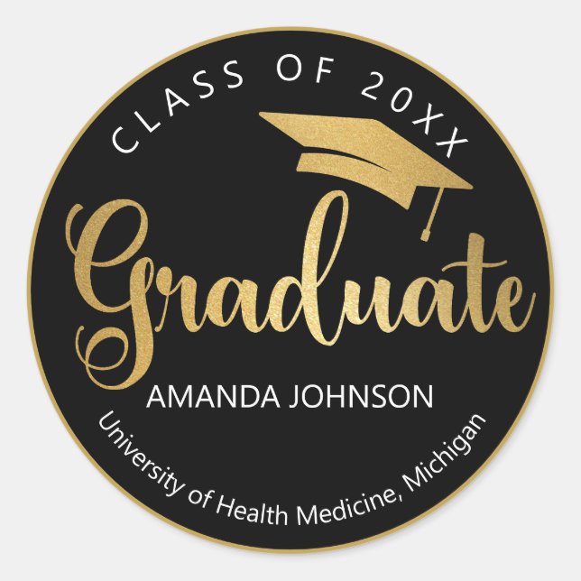 Black Gold Graduate Name Graduation  Classic Round Sticker (Front)