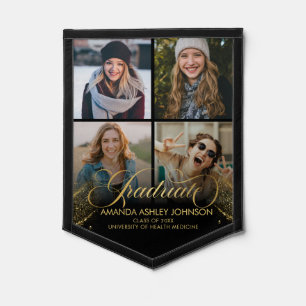 Black Gold Graduate Photo Collage Graduation Pennant