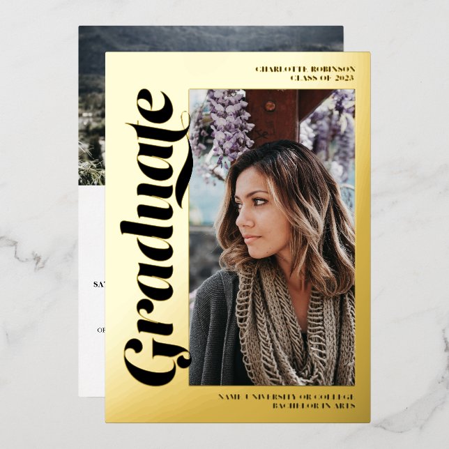 Black gold graduate script 3 photos graduation foil invitation (Front/Back)