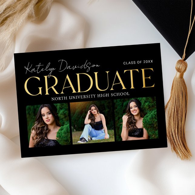 Black Gold Graduate Three Photo Collage Party Foil Invitation (Creator Uploaded)