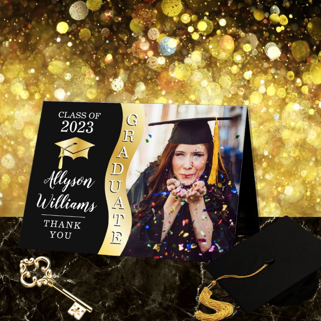 Black | Gold Graduate Wave Grad Cap Photo Thank You Card (Creator Uploaded)