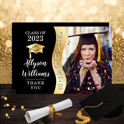 Black  Gold Graduate Wave Grad Cap Photo Thank You Card