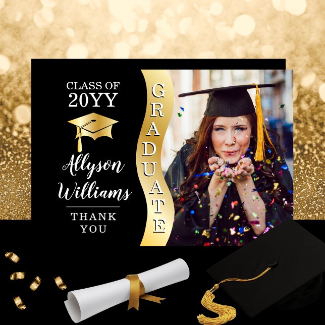 Black | Gold Graduate Wave Grad Cap Photo Thank You Card (Elegant Black and Gold Tone "Graduate" Wave Grad Cap and Photo Flat Thank You Card)