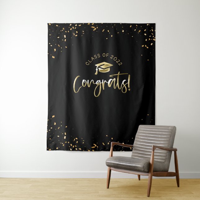 Black Gold Graduation 2025 Photo Booth Tapestry (In Situ)