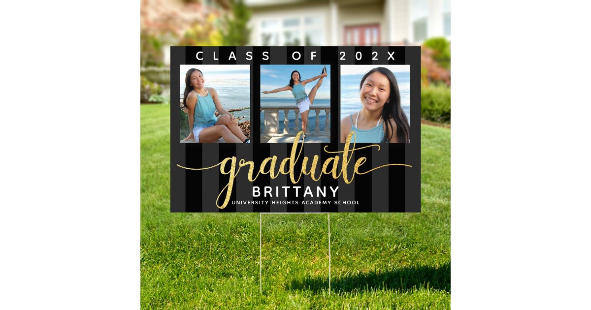 Black gold graduation 3 photo glitter script yard sign | Zazzle