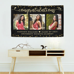 Black Gold Graduation 3 Photo Modern Script Hearts Banner