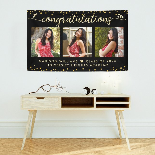 Black Gold Graduation 3 Photo Modern Script Hearts Banner (Creator Uploaded)