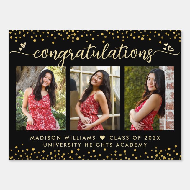 Black Gold Graduation 3 Photo Script Heart Yard Sign | Zazzle
