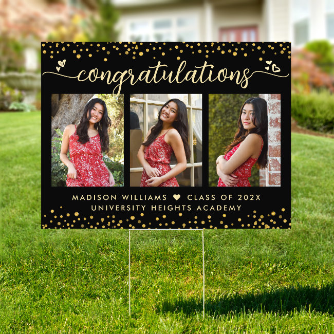 Black Gold Graduation 3 Photo Script Heart Yard Sign