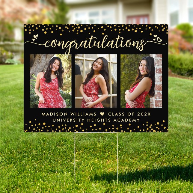 Black Gold Graduation 3 Photo Script Heart Yard Sign (Creator Uploaded)