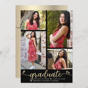 Black Gold Graduation 4 Photo Calligraphy Hearts Invitation