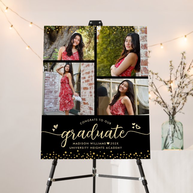 Black Gold Graduation 4 Photo Script Hearts Modern Foam Board (In Situ (Stand))