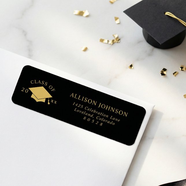 Black Gold Graduation Cap Return Address Label (Creator Uploaded)