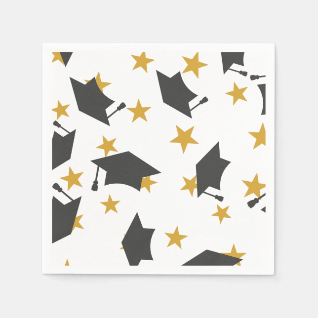 Black Gold Graduation Caps Stars Pattern Napkins (Front)