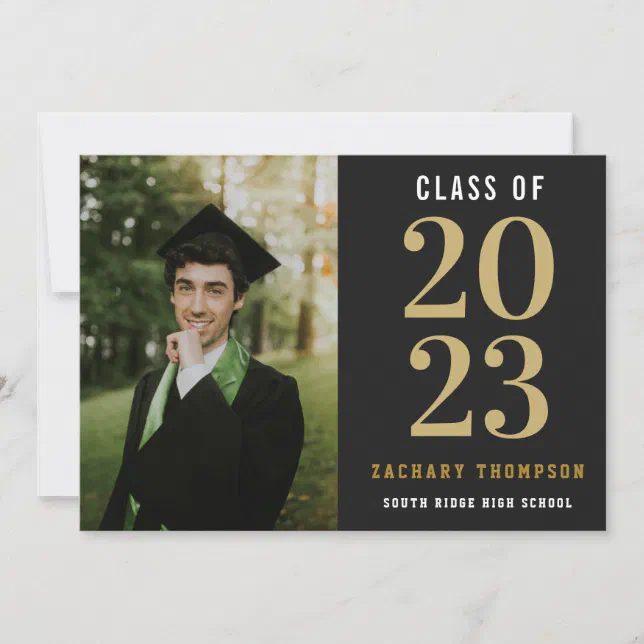 Black & Gold Graduation Class Year with Photo Invitation | Zazzle