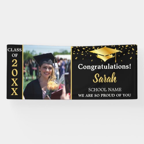 Black  Gold Graduation Custom Photo Class Of 2024 Banner