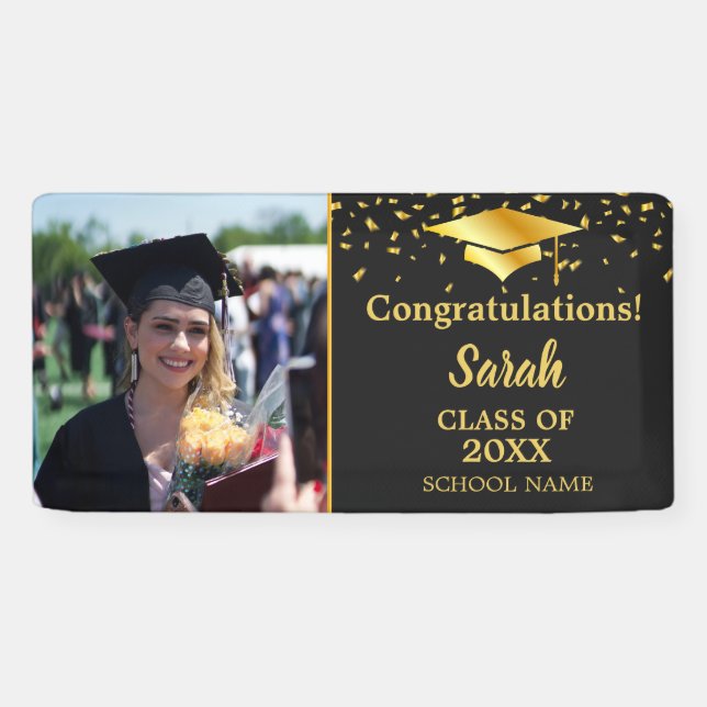 Black & Gold Graduation Custom Photo Class Of 2025 Banner (Horizontal)