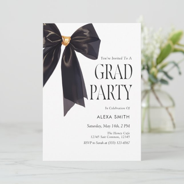 Black Gold Graduation Elegant Bow Luxury Invitation (Standing Front)