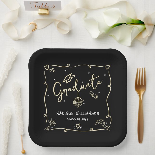 Black Gold Graduation Hand Drawn Doodles Style Fun Paper Plates (Wedding)