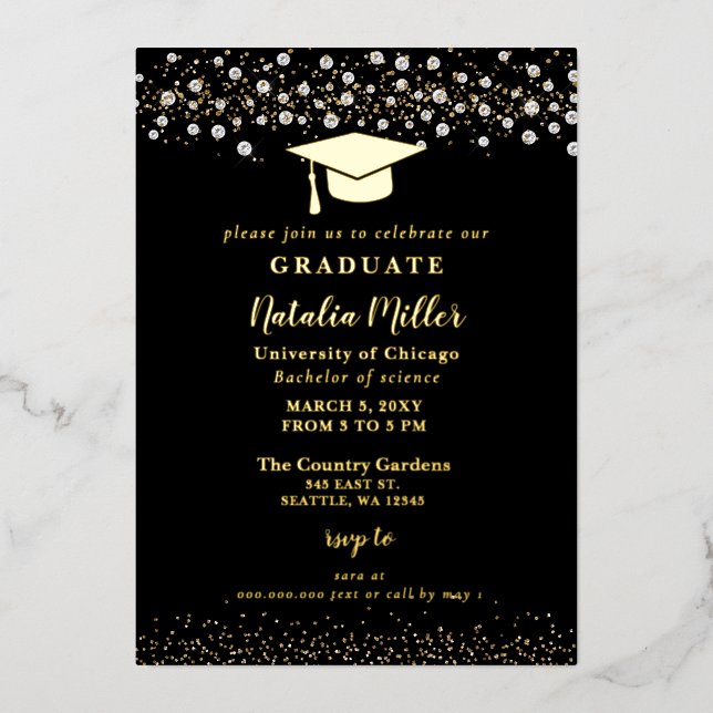 Black Gold Graduation Hat Graduation  Foil Invitat Foil Invitation (Front)