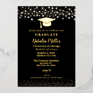 Black Gold Graduation Hat Graduation  Foil Invitat Invitation