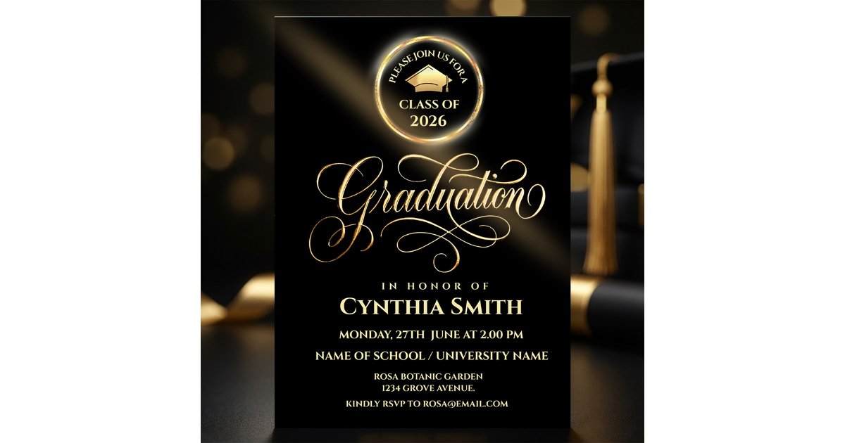 Black & Gold Graduation Invitation | Class of 2026 | Zazzle