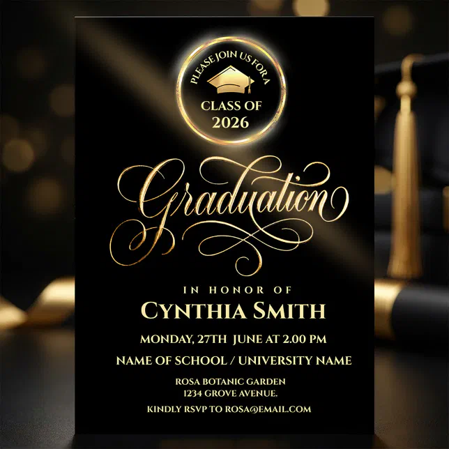 Black & Gold Graduation Invitation | Class of 2026 | Zazzle