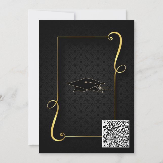 Black Gold Graduation Invitations with QR Code (Back)